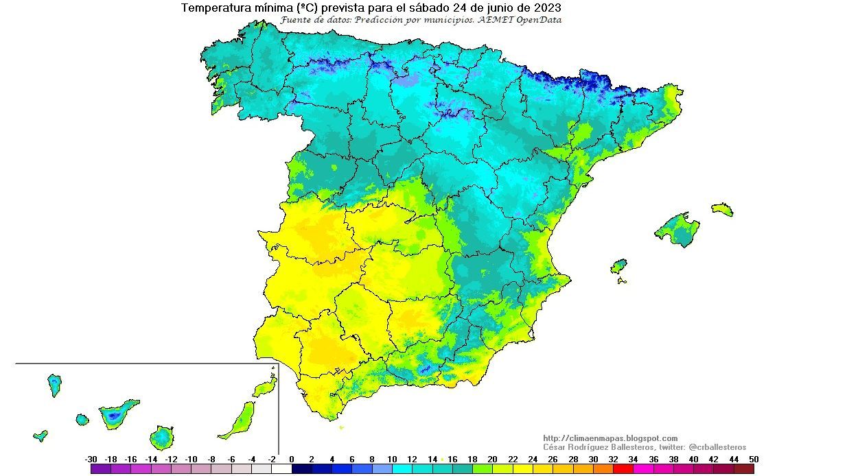 Temperaturas mínimas previstas para el sábado 24