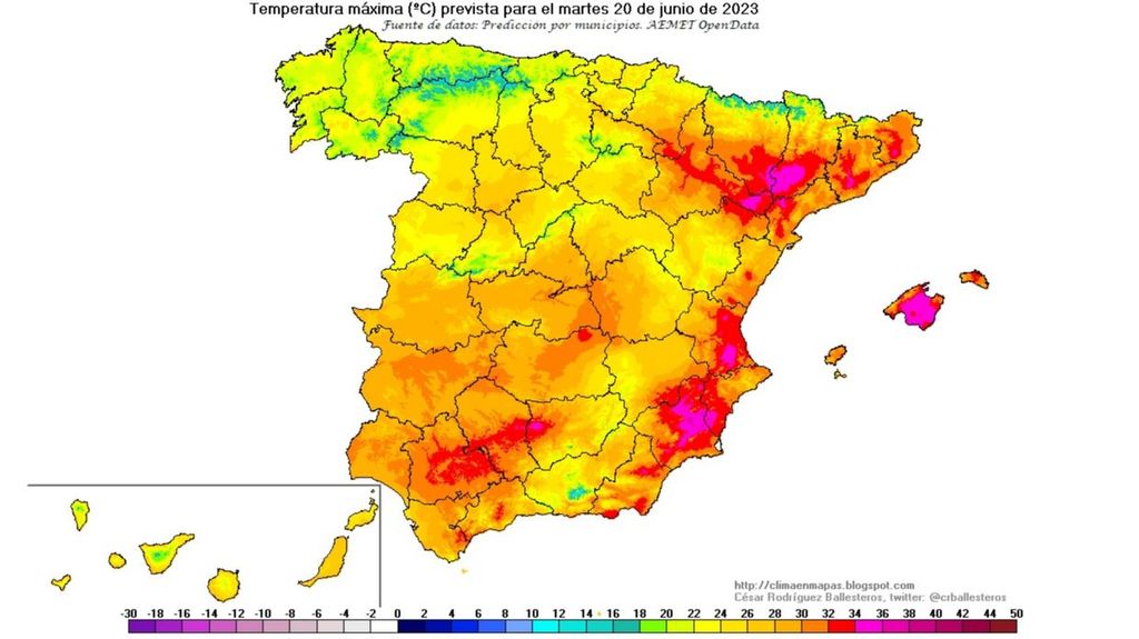 Temperautras máximas previstas para el martes 20