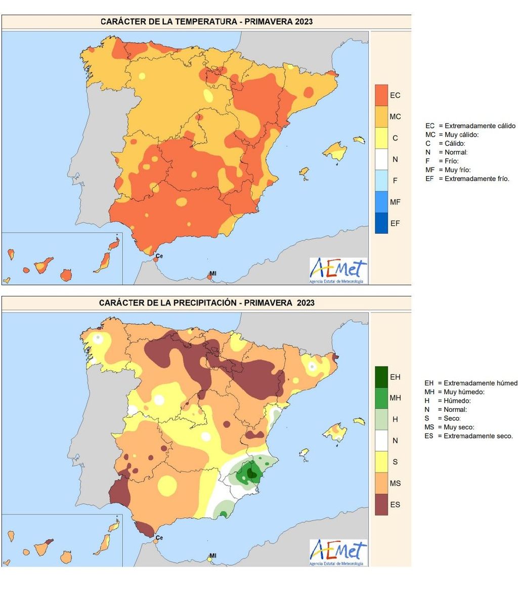 Carácter de la temperatura y precipitación media en la primavera meteorológica 2023