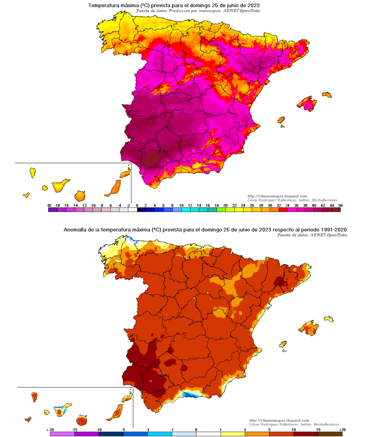 Temperaturas máximas y su anomalía prevsitas para el domingo 25