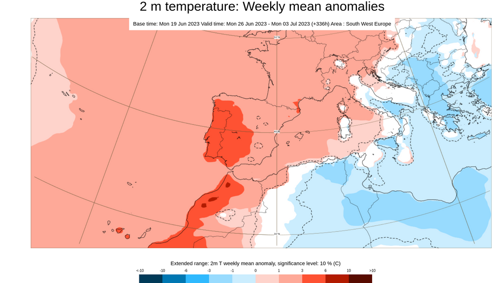 Anomalía de la temperatura prevista para la semana del 25 jun al 2 de jul