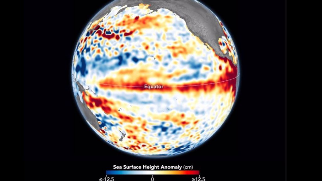 Anomalías en la altura de la superficie del mar en el Pacífico central y oriental observadas entre el 1 y el 10 de junio de 2023