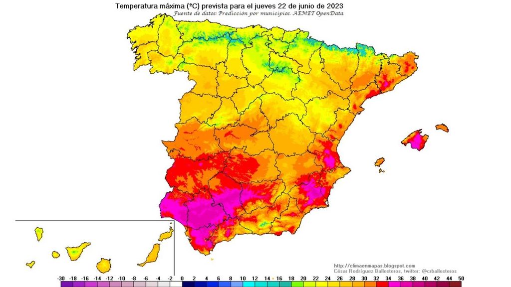 Temperaturas máximas previstas para el jueves 22