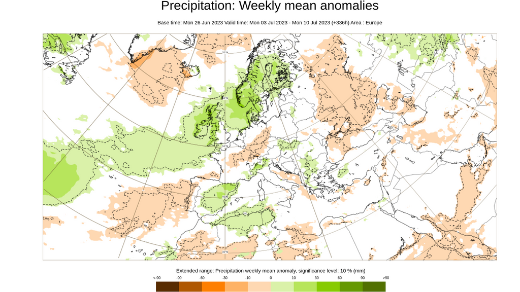 Anomalía de la precipitación prevista para la semana del 3 al 10 de julio