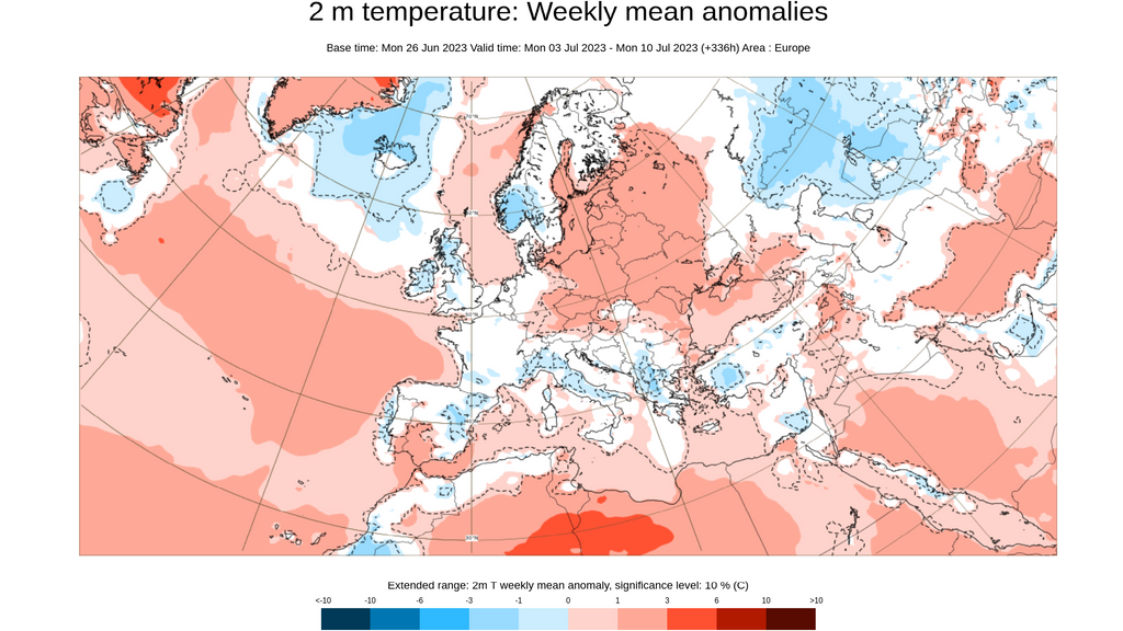 Anomalía de la temperatura prevista para la semana del 3 al 10 de julio