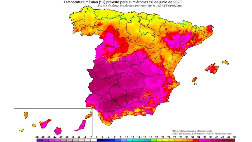 Temperaturas máximas previstas para el miércoels 28