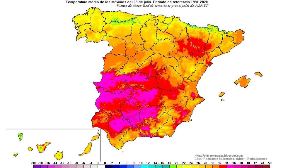 Temperatura media habitual para el día 23 de julio en España