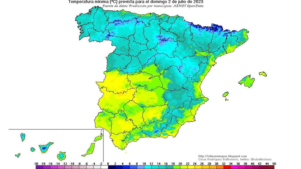 Temperaturas mínimas previstas para el domingo 2 julio