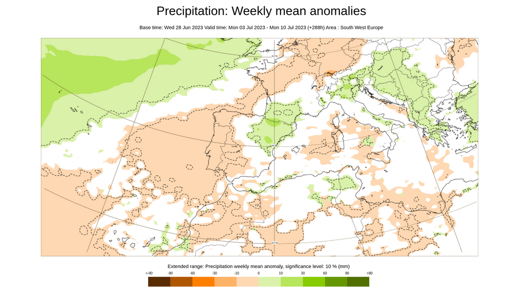 Anomalía de la precipitación prevista para la semana que viene