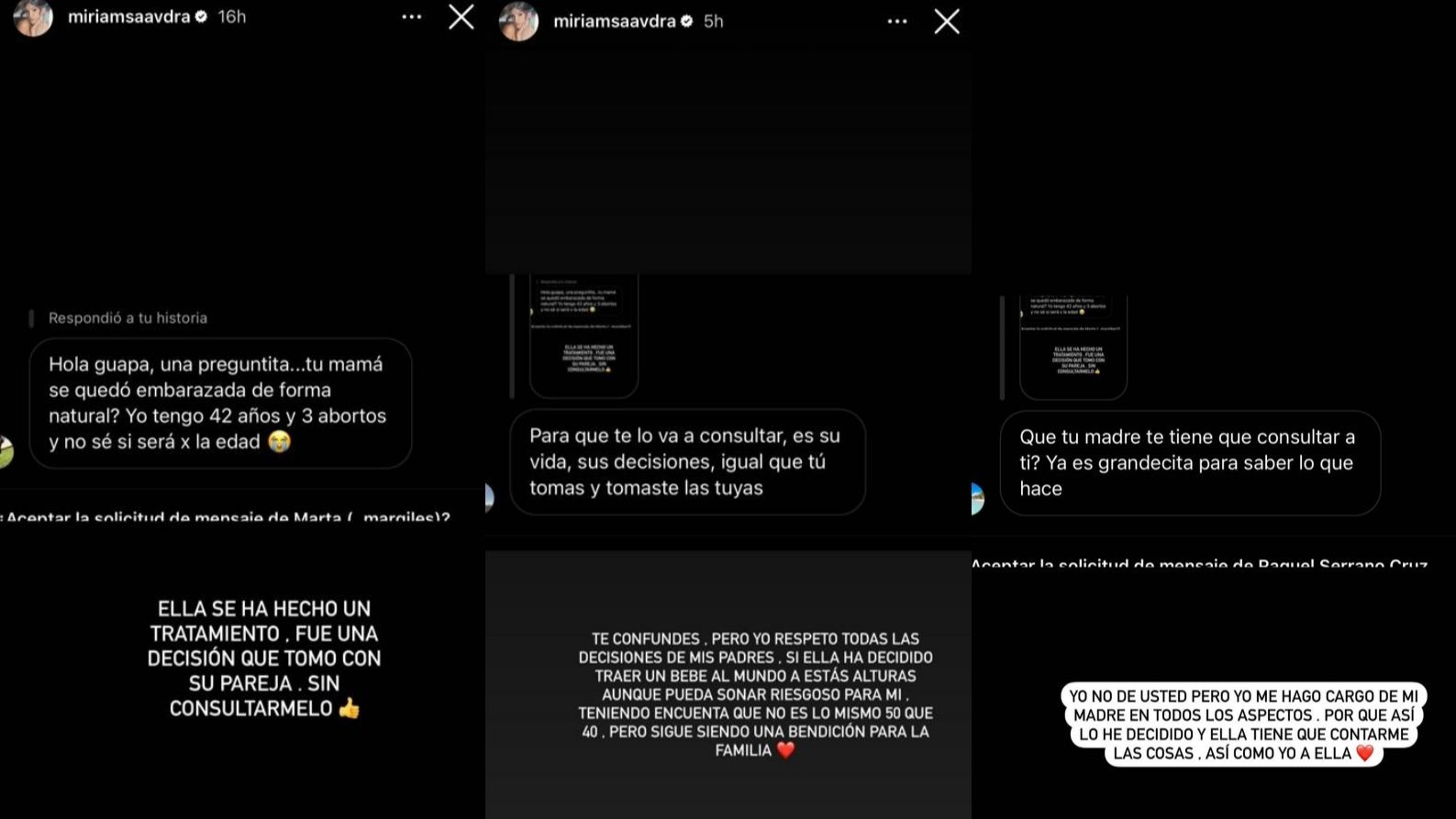 Miriam Saavedra reconoce que su madre se ha sometido a un tratamiento de fecundación asistida