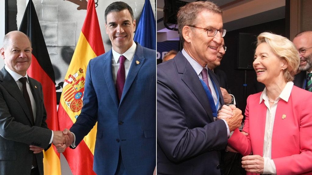 Pedro Sánchez con el canciller alemán Olaf Scholz  y Feijóo con la presidenta de la Comisión Europea, Ursula von der Leyen