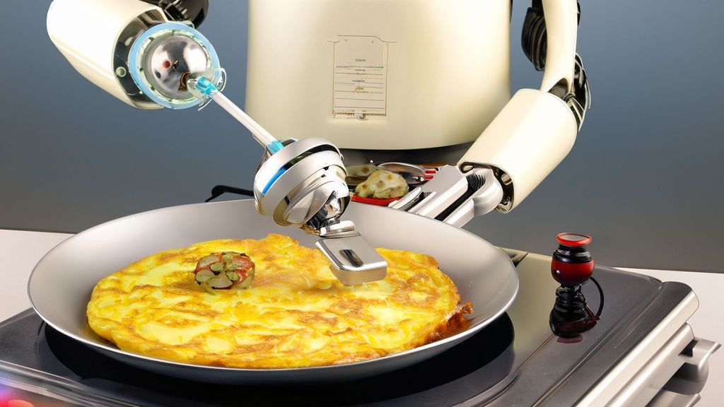 Un robot intentas cocinar una tortilla de patatas