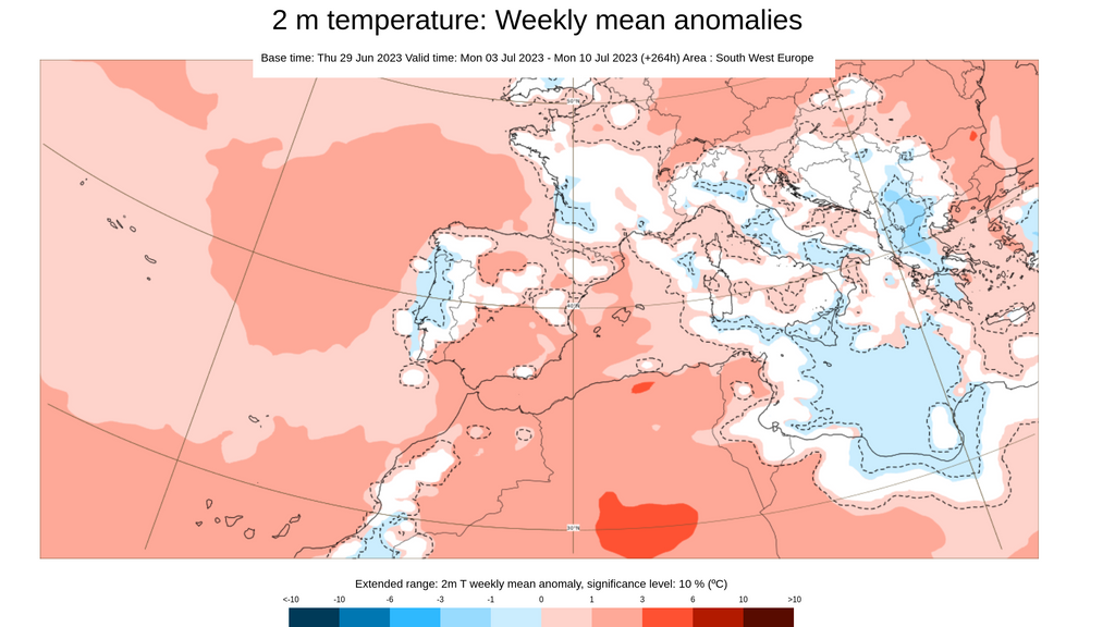 Anomalía de la temperatura prevista la semana del 3 al 9 de julio 2023