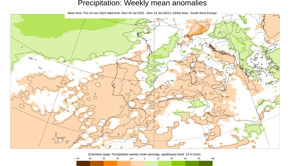 Anomalía de la temperatura prevista la semana del 3 al 9 de julio 2023