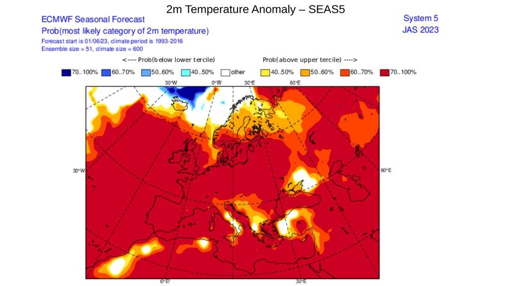 Anomalía de la temperatura prevista para el trimestre julio, agosto y septiembre 2023 en conjunto