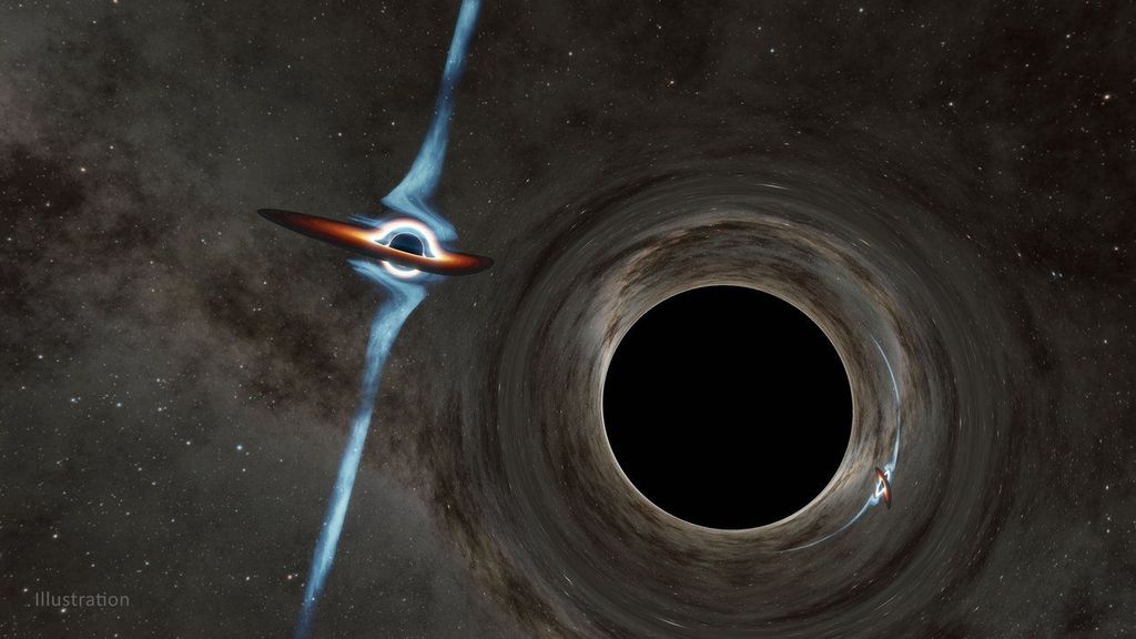Ilustración: un agujero negro pequeño (izquierda) se curva alrededor de un agujero negro más grande y forma una imagen casi especular en el otro lado