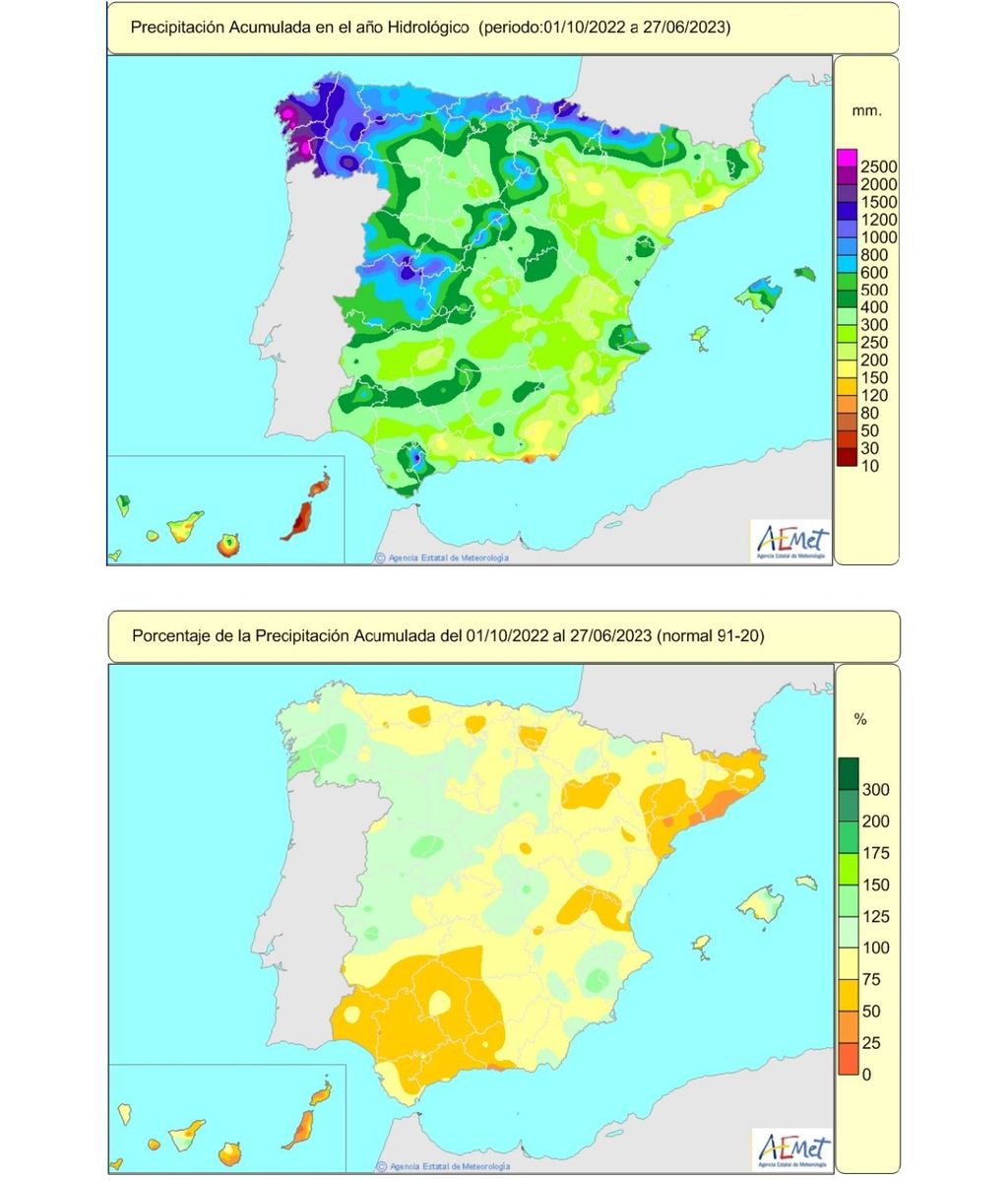 Precipitación año hidrológico 2022-23 hasta el 27 de junio; porcentaje de la precipitación habitual