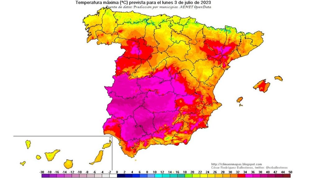 Temperaturas máximas previstas para el lunes 3