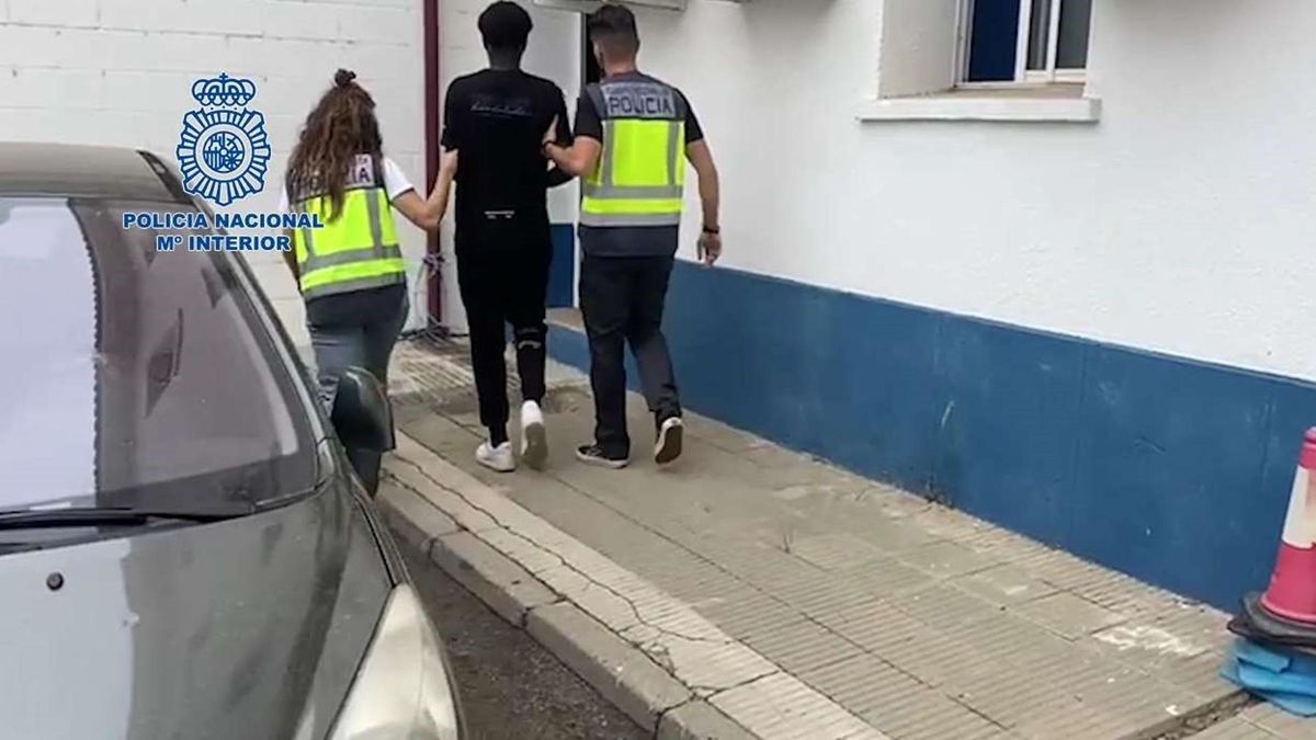 Agentes de la Policía Nacional junto a uno de los detenidos por presuntas estafas