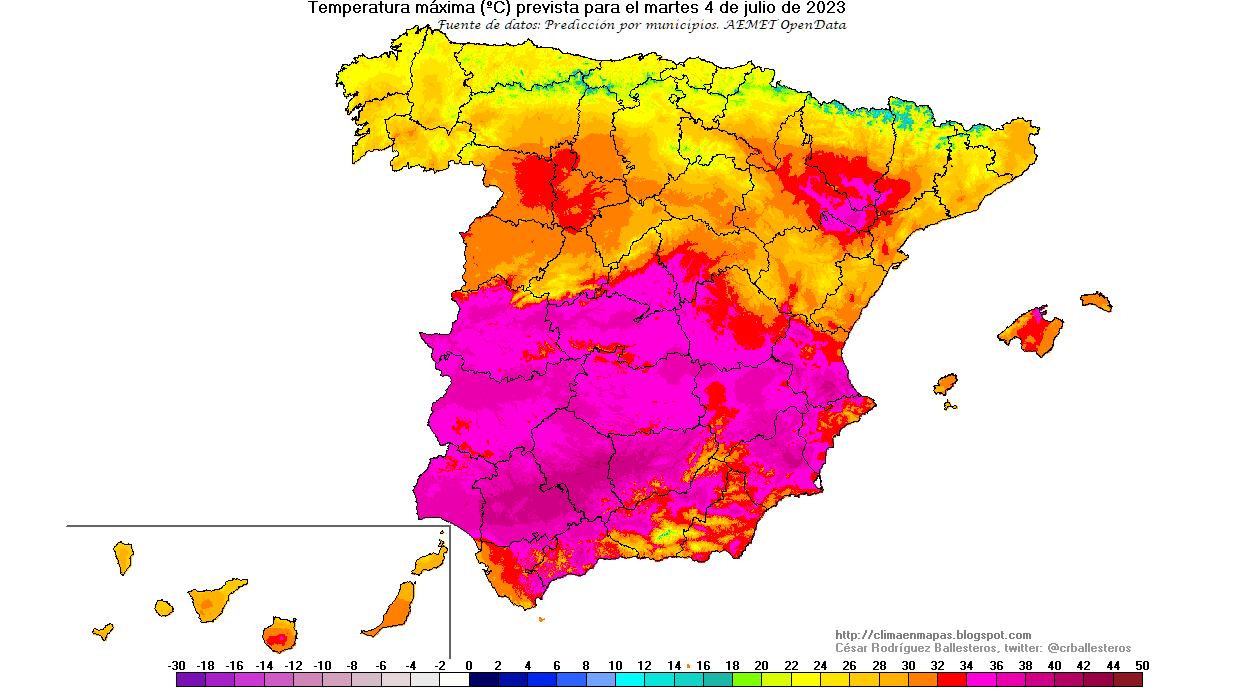 Temperaturas máximas previstas para el martes 4