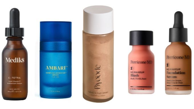De izda. a dcha.: C-Tetra Serum de Medik8, Ambari Complex4 Hydrator Cream, Adzuki & Ragi Fantasy, No Makeup Blush, de Perricone MD y No Make Up Fundation Serum, de Perricone MD