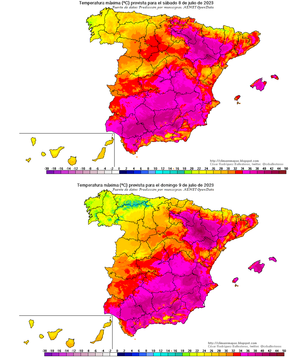 Temperaturas máximas previstas para el sábado 8 y domingo 9