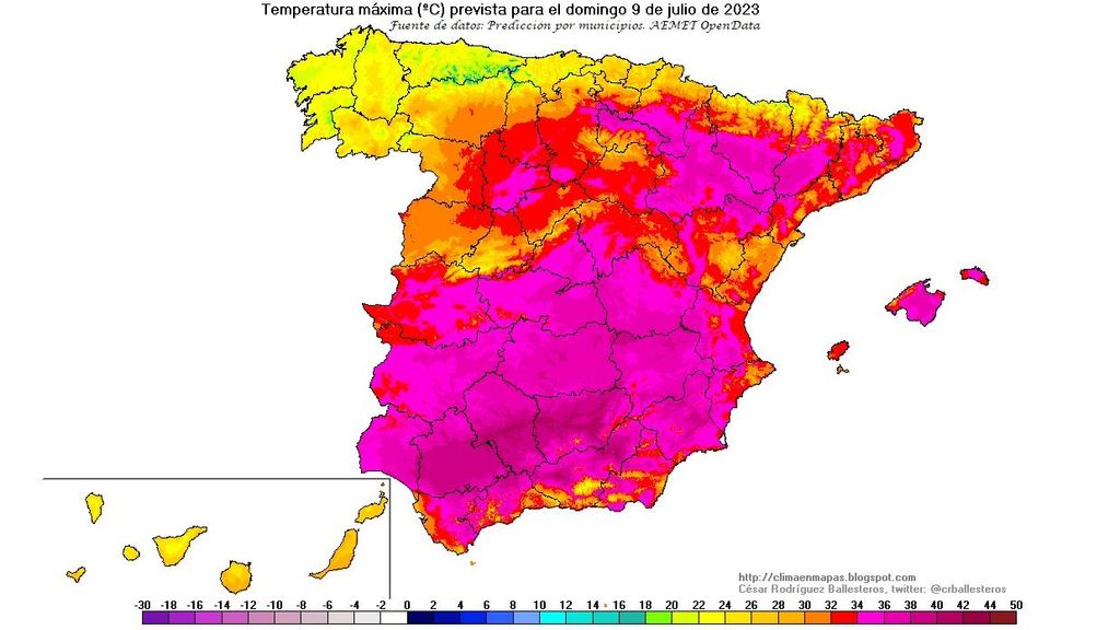 Temperaturas máximas previstas para el domingo 9