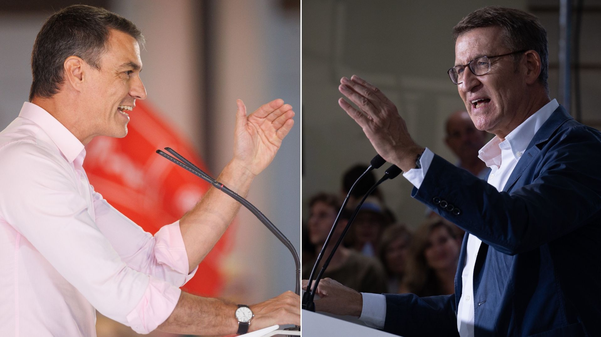 El presidente del Gobierno, Pedro Sánchez, y el líder del PP, Alberto Núñez Feijóo, en el inicio de la campaña electoral