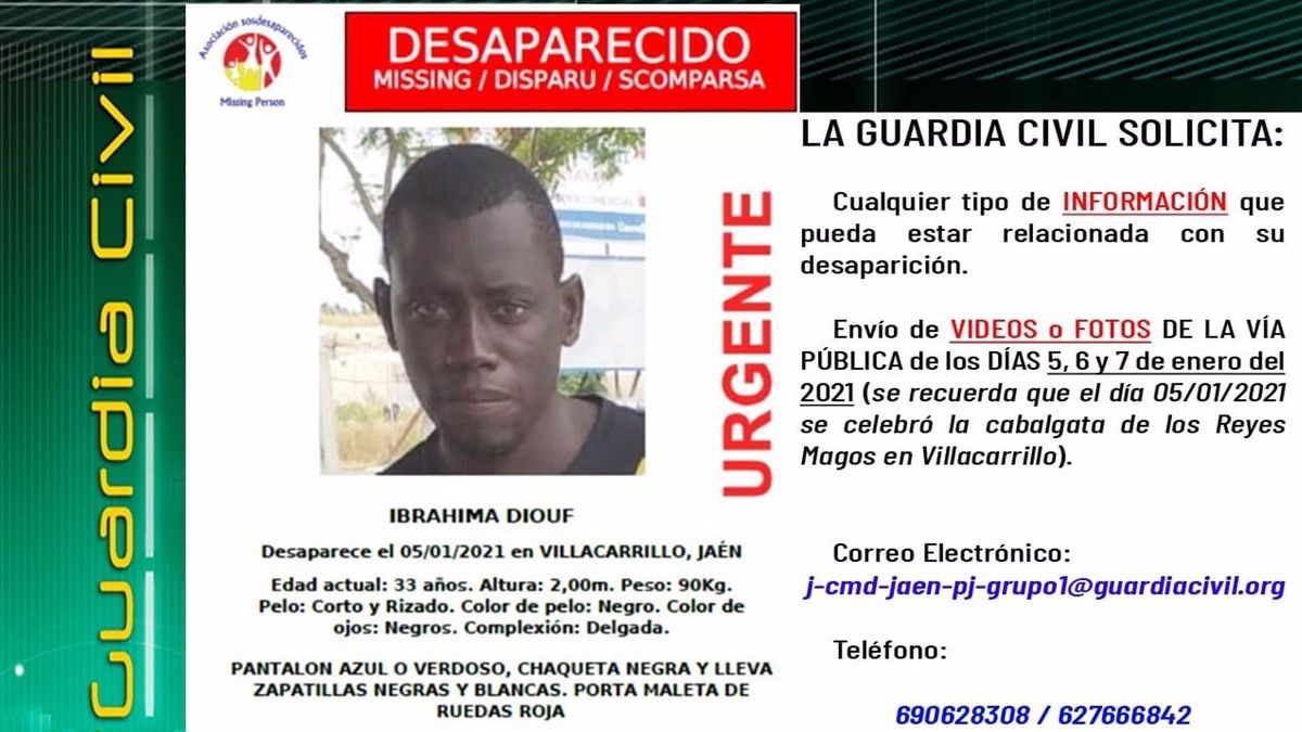Imagen del temporero senegalés Ibrahima Diouf, cuya desaparición investiga la Guardia Civil en Villacarrillo, Jaén