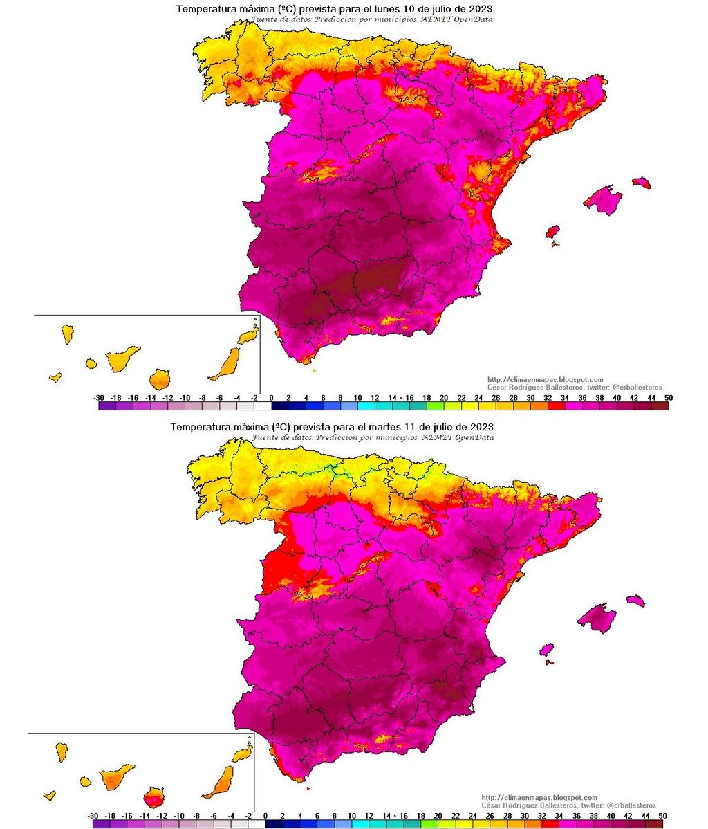 Temperaturas máximas previstas para el lunes y martes