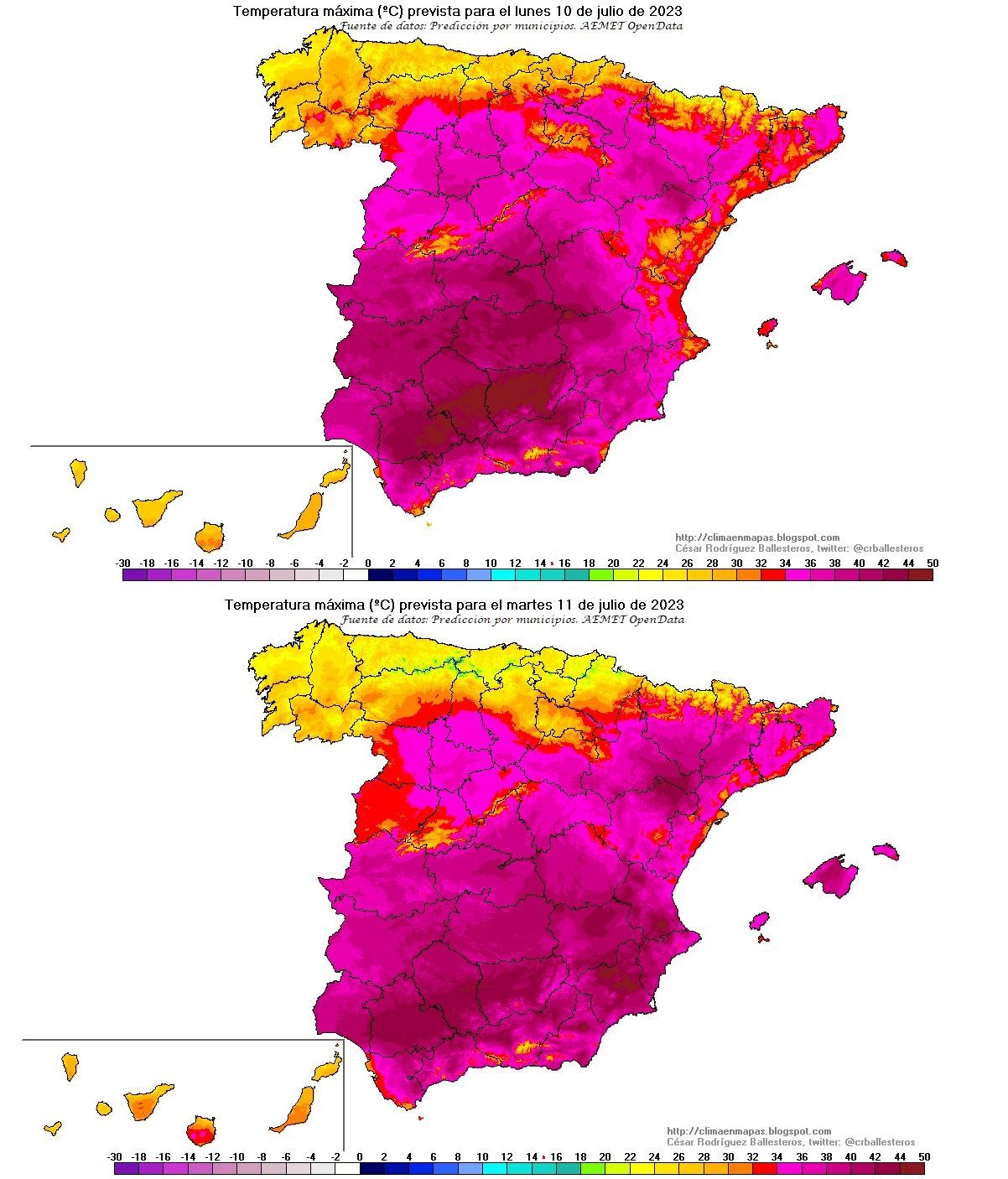 Temperaturas máximas previstas para lunes y martes