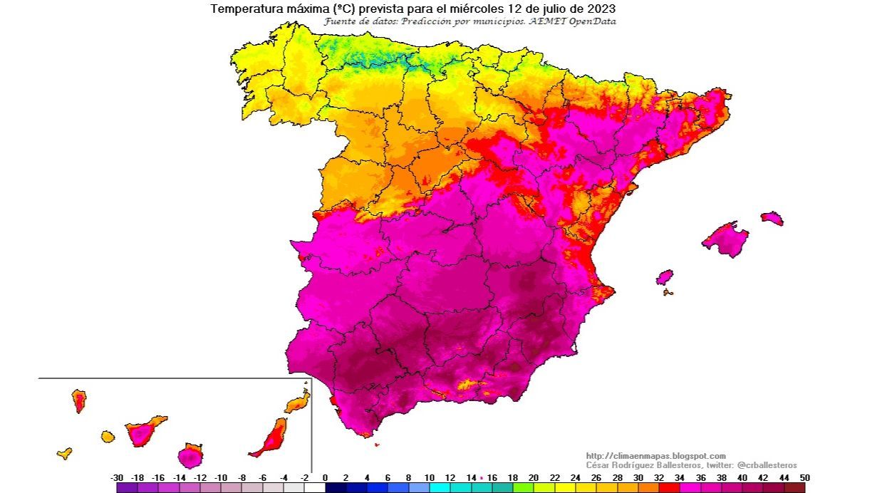 Temperaturas máximas previstas para el miércoles 12