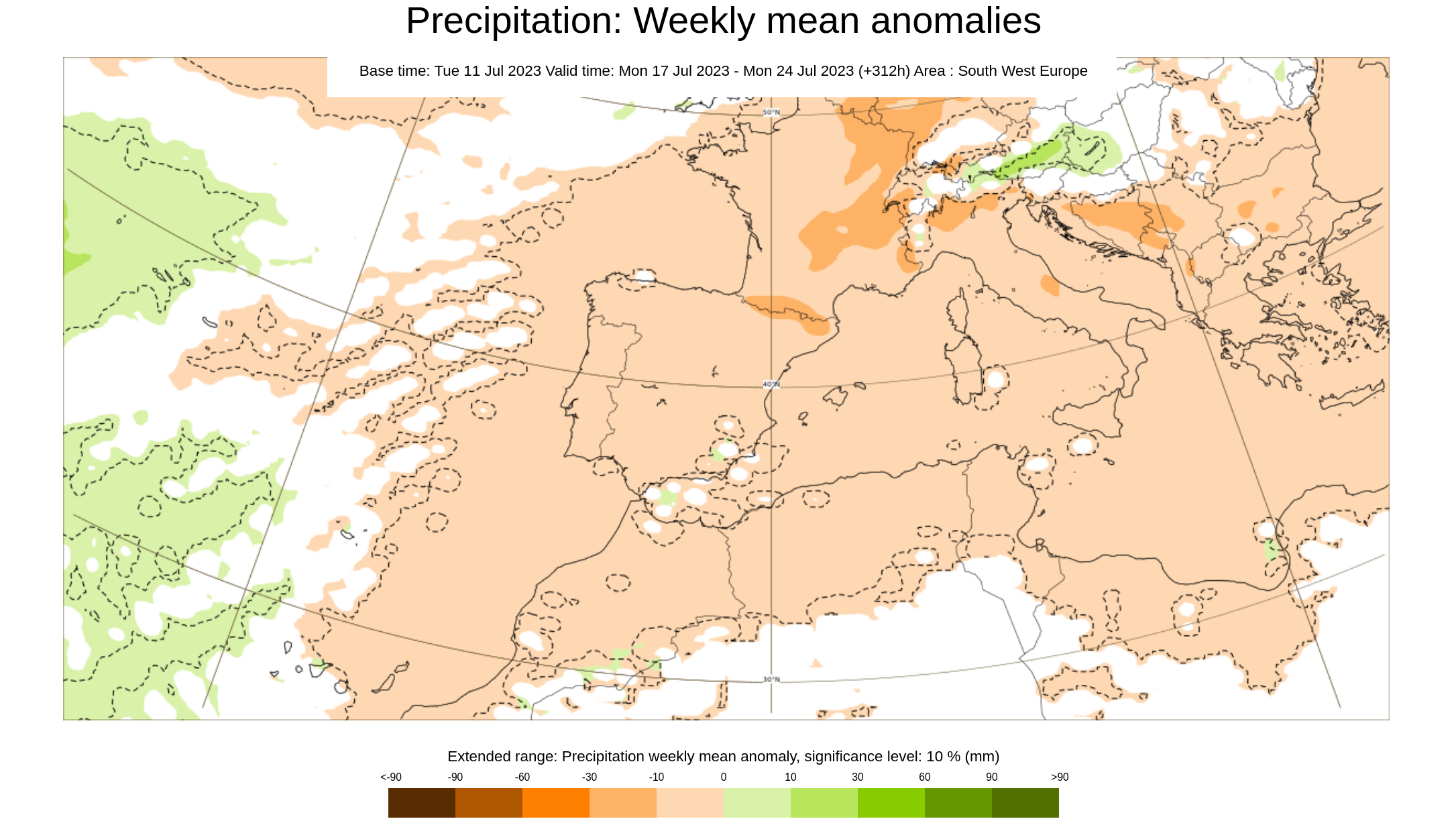 Anomalía de la precipitación prevista para la semana que viene