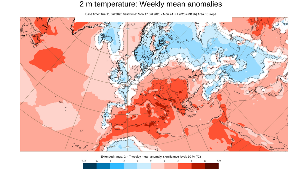 Anomalía de la temperatura media para la semana del 17 al 23 de julio