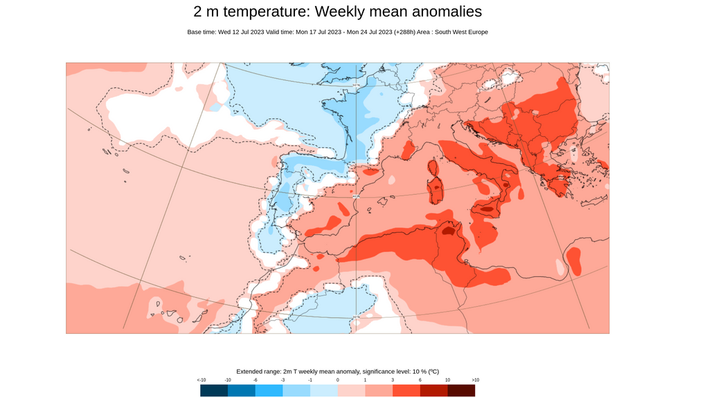 Anomalía de la temperatura prevista para la semana del 17 al 24 de julio