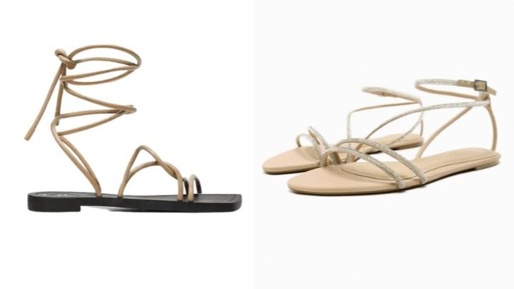 A la izquierda, sandalias de tiras planas, de Mango (19,99€). A la derecha, sandalia plana con brillos, de Zara (25,95€).