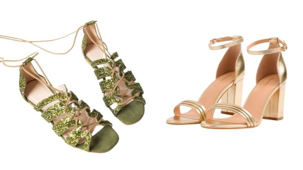A la izquierda, sandalia Petra de Bo Star (125€). A la derecha, sandalias de tacón doradas, de Naf Naf (23,90€).