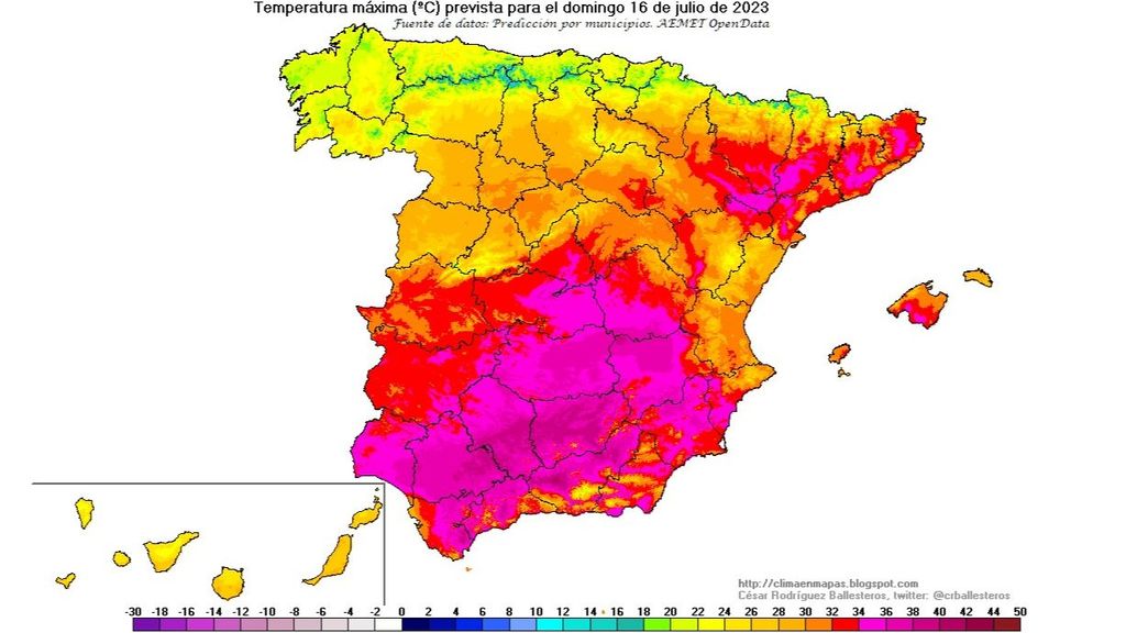 Temperaturas máximas previstas para el domingo 16