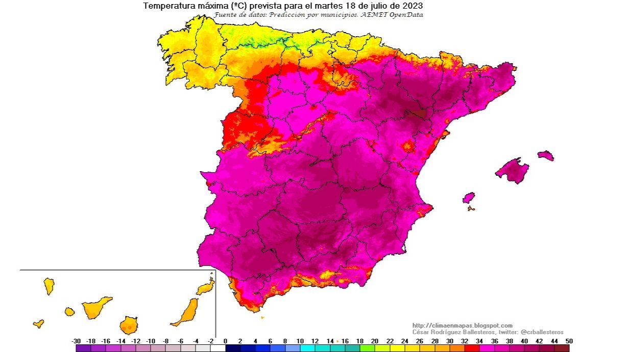 Temperaturas máximas previstas para el martes 18