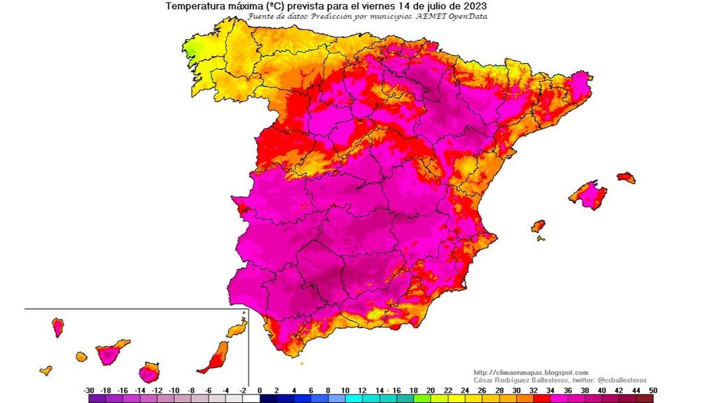 Temperaturas máximas previstas para el viernes 14