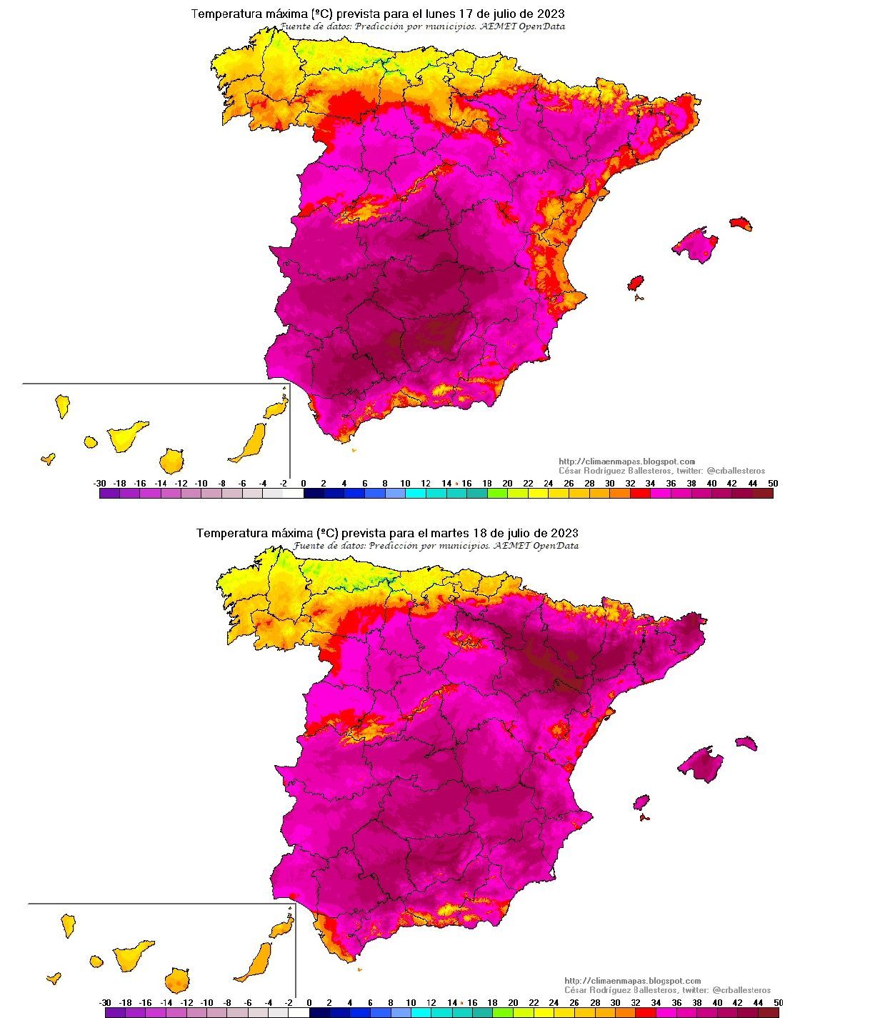 Temperaturas máximas previstas para el lunes y martes, los días más sofocantes de la ola de calor