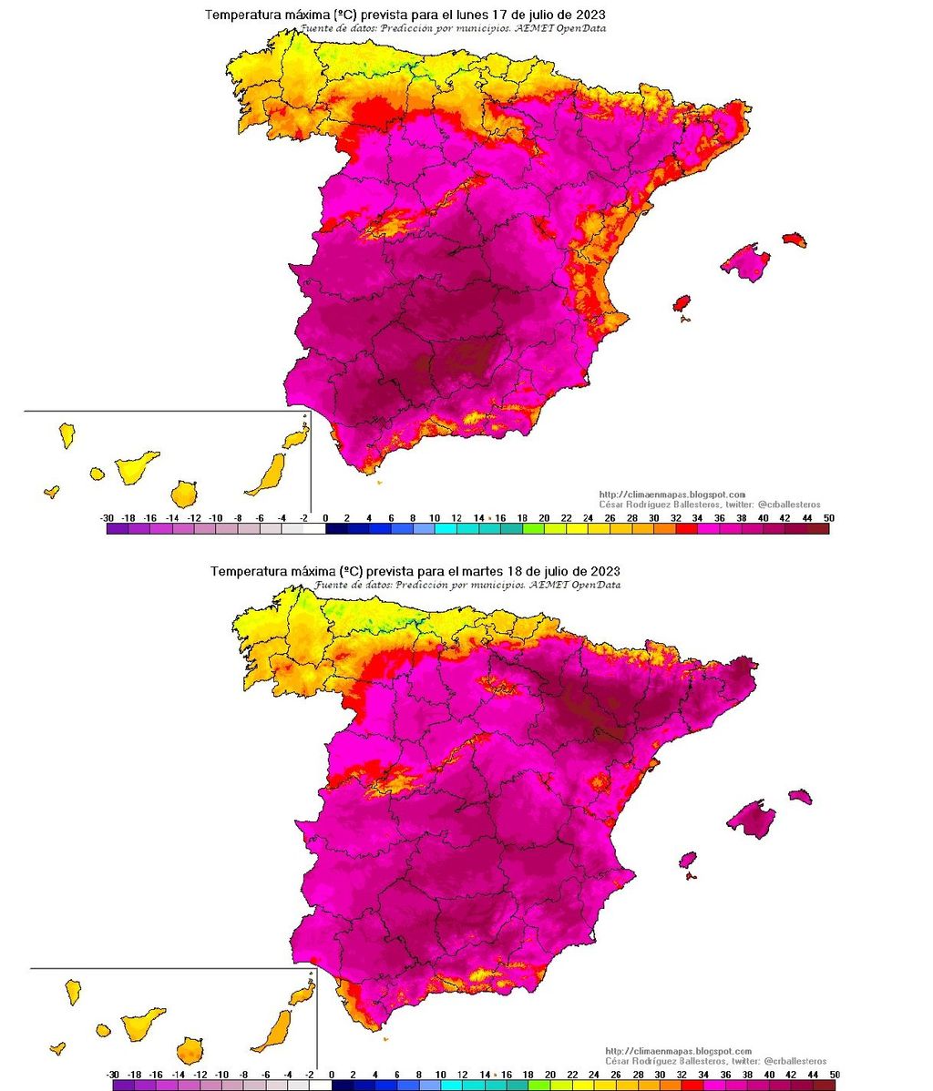 Temperaturas máximas previstas para el lunes y martes, los días más sofocantes de la ola de calor