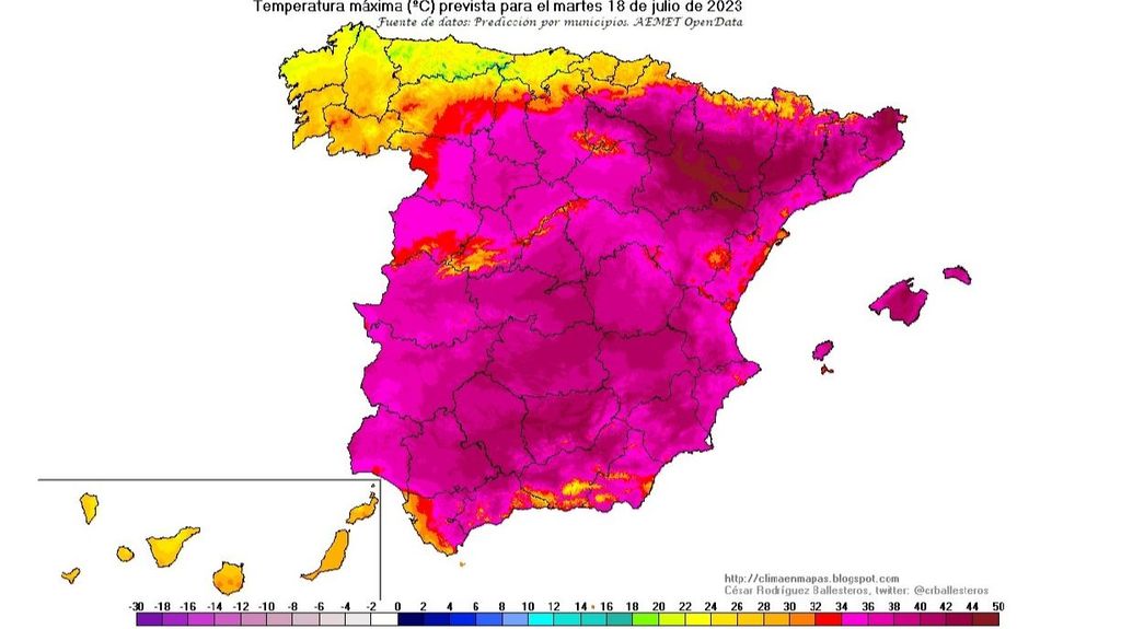 Temperaturas máximas previstas para el martes 18