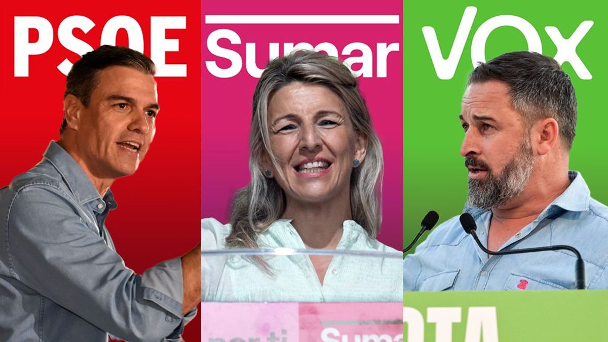 Pedro Sánchez, Yolanda Díaz y Santiago Abascal en mítines de campaña