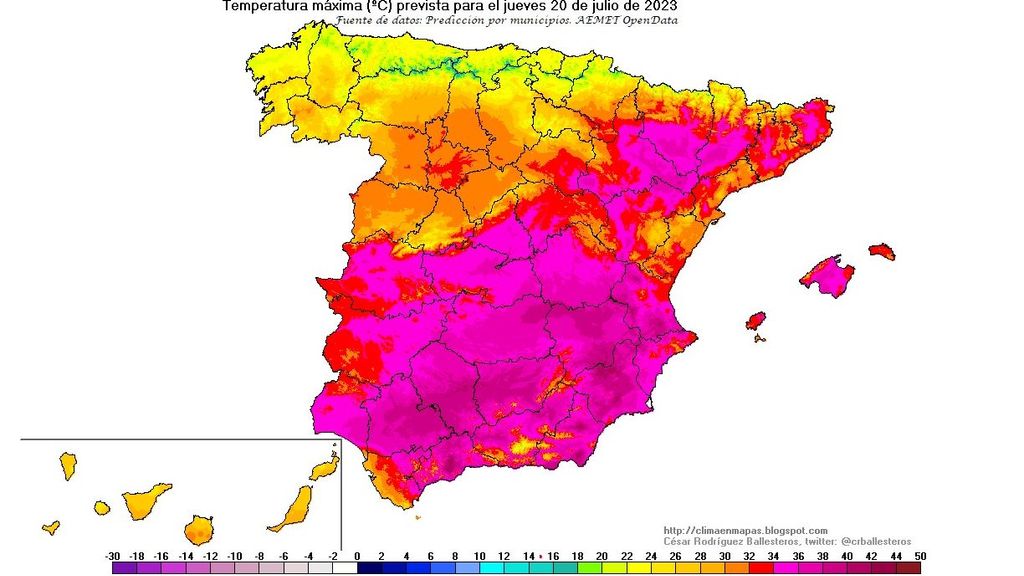 Temperaturas máximas previstas para el jueves 20