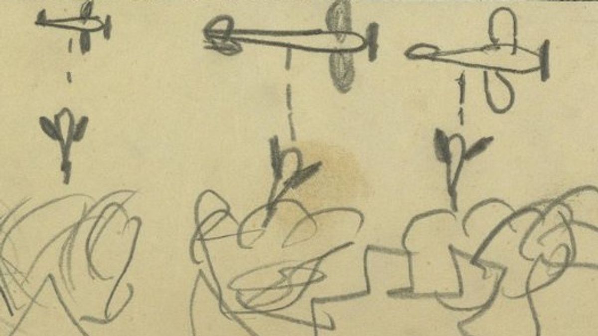 Dibujo de un bombardeo atribuído a Josep Arribas en sala de lectura del Arxiu de Barcelona