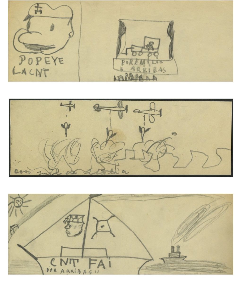 Dibujos de Popeye con una gorra de la CNT, bombardeos y un barco de la CNT-FAI atribuidos a Emili Arribas
