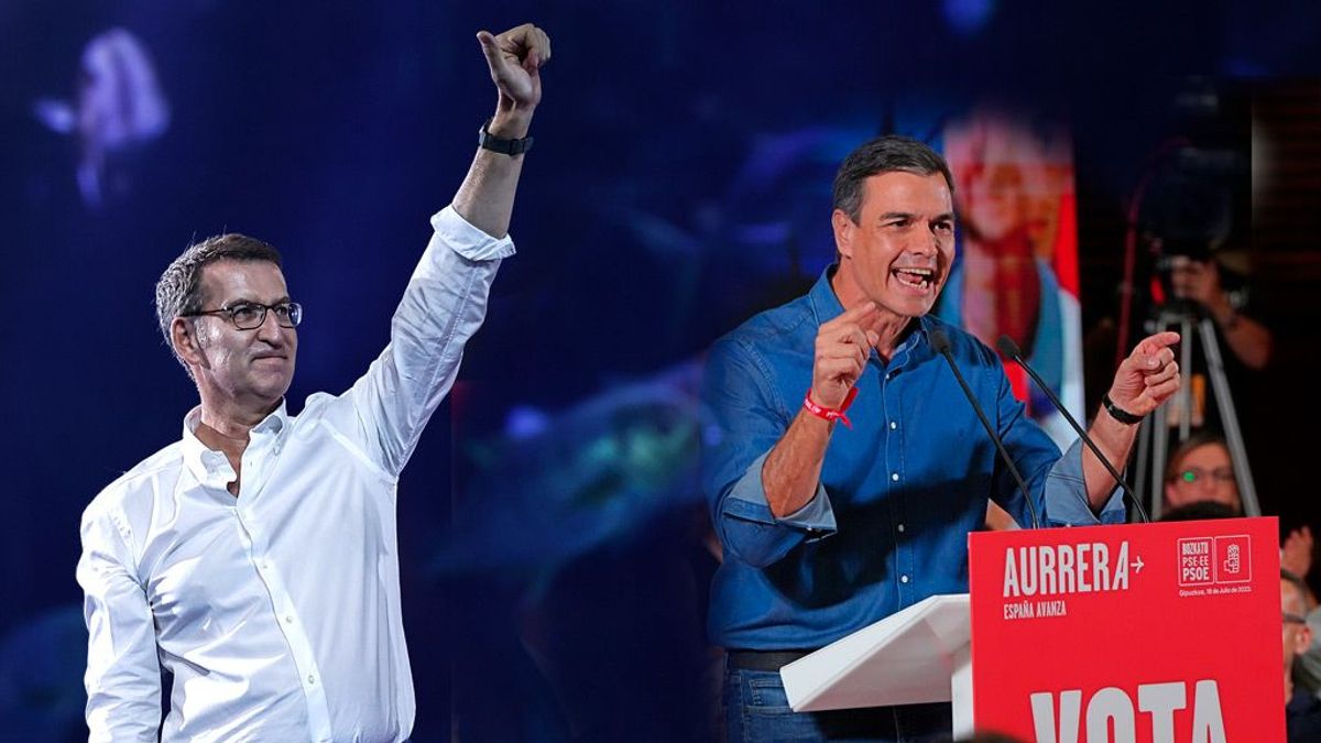Pedro Sánchez y Alberto Núñez Feijóo durante sus mítines de campaña