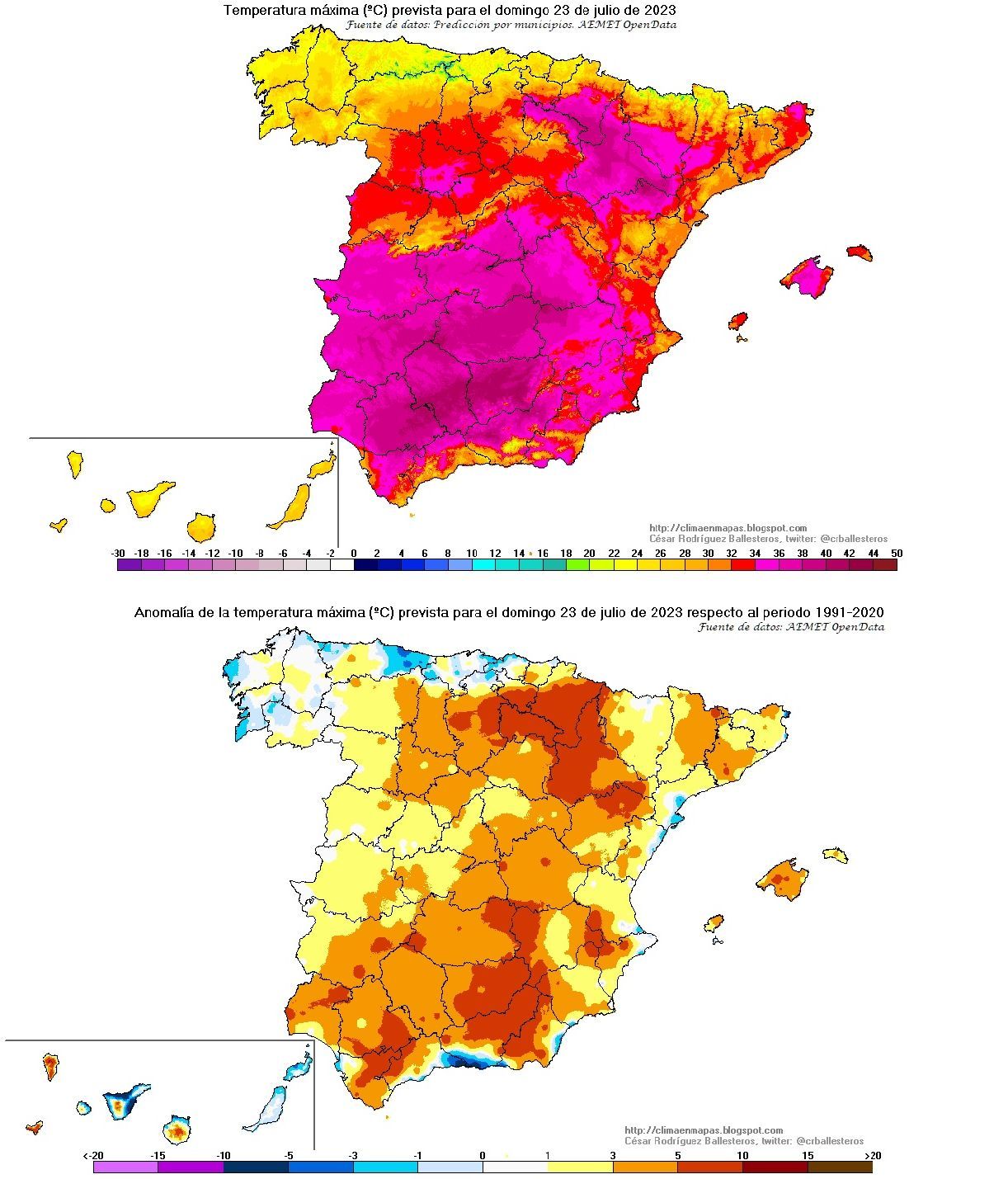 Temperaturas máximas y su anomalía prevista para el domingo 23J