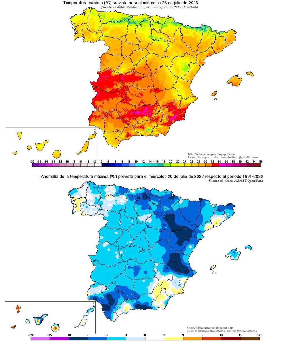 Temperaturas máximas y su anomalía previstas para el miércoles, 26 de julio